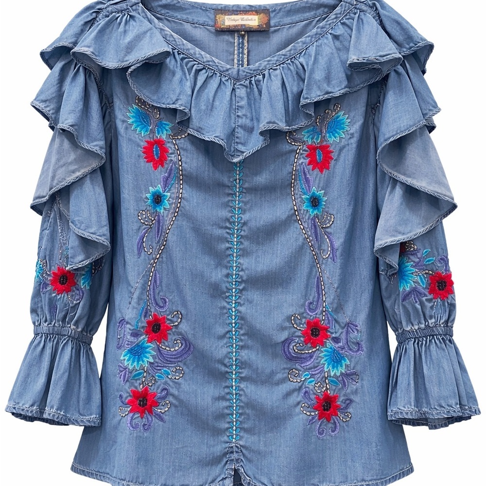 Vintage Collection Embroidered Chambray Ruffle Boho Blouse Small